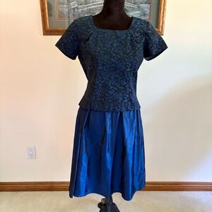 Formal Fashions 2 Piece Set Womens 10 Blue Floral Jacquard Top Satin Skirt USA